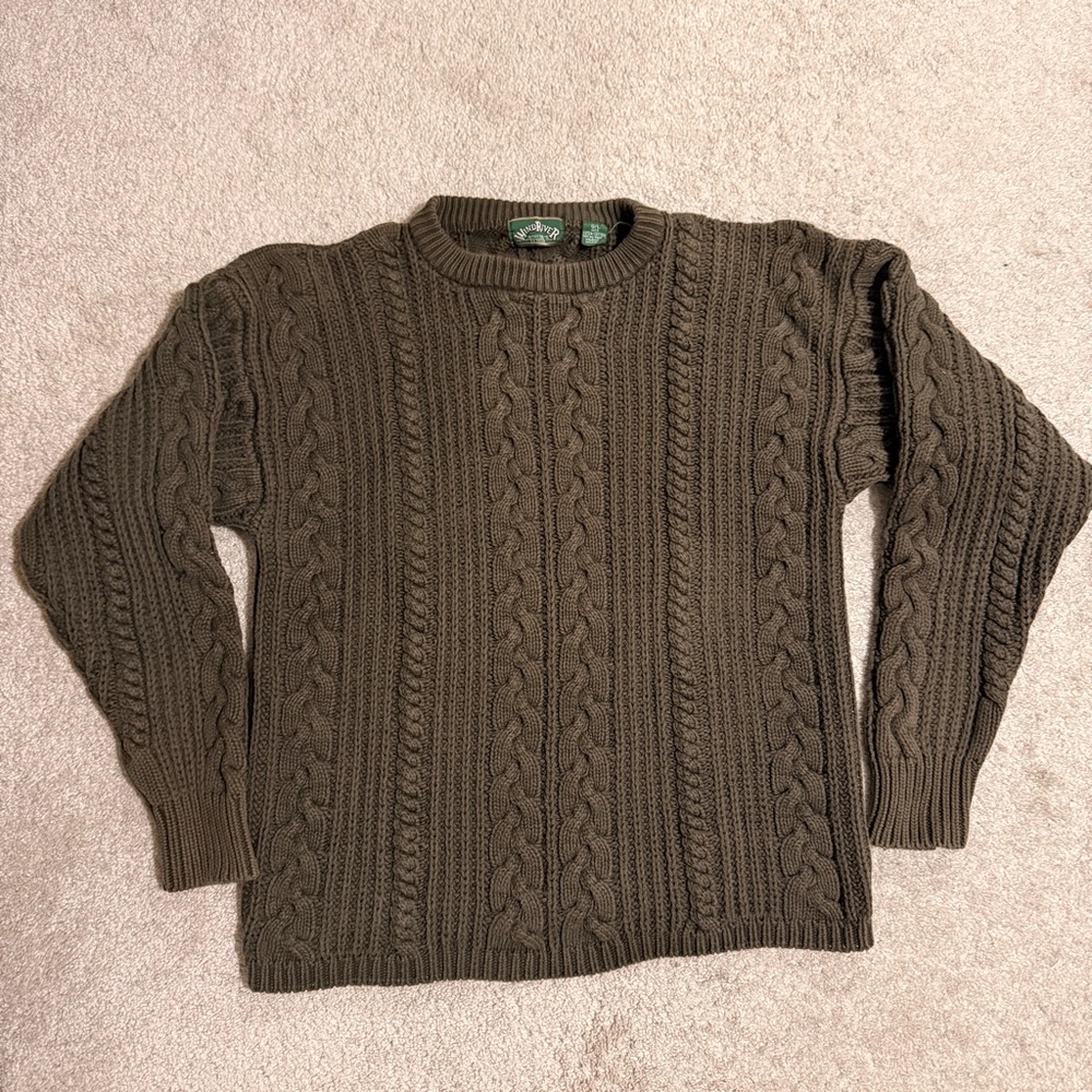 VINTAGE OLIVE GREEN CREWNECK CABLE KNIT SWEATER 🧩💫 100% COTTON